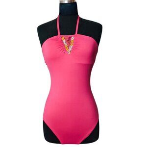 Coco Rave M Halter Swimsuit One-Piece Pink Crochet Accent Beach Pool Preppy Chic